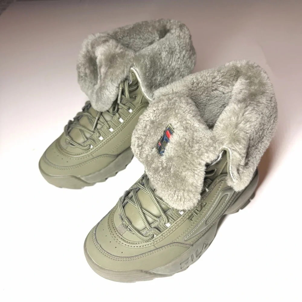 Fila Women’s Disruptor Shearling Mid Calf Lace Up Olive Green Boots Size- 6.5